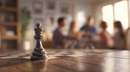 A close-up of a silver chess king piece with blurred background of friends enjoying a game night.
