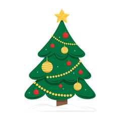 Festive Christmas tree with yellow star, red and yellow ornaments, and garlands