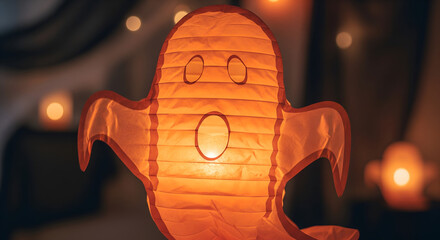 Orange Ghost Lantern Hanging for Halloween Decoration Lit with Soft Light
