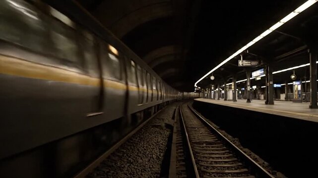 m&eacute;tro dans un tunnel ferroviaire puis arrivant en station souterraine