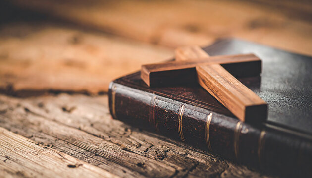 Wooden cross on closed aged Bible on rustic wooden table, religion, Christian faith and spirituality
