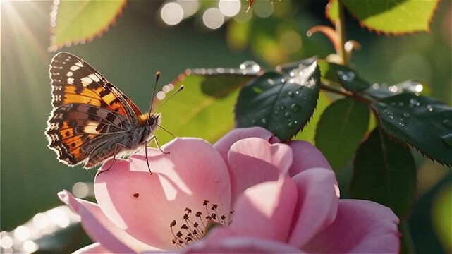 Papillon pos&eacute; sur une fleur rose au lever du soleil avec ros&eacute;e du matin
