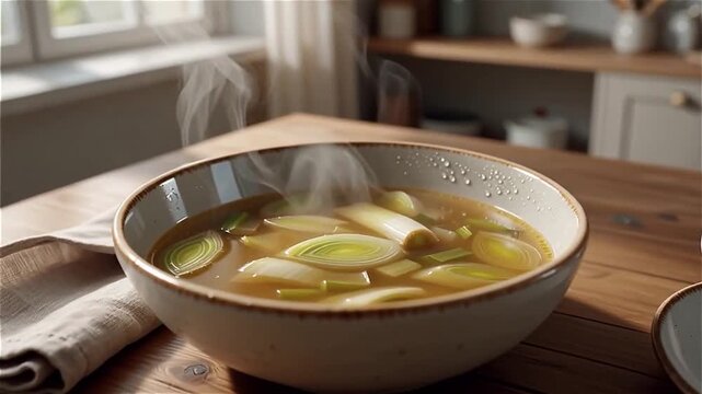 Bol de soupe chaude aux l&eacute;gumes dans une cuisine rustique et lumineuse