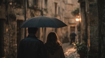 A couple shares an umbrella on a rainy cobblestone street, creating a romantic and moody atmosphere with warm lighting in the background.