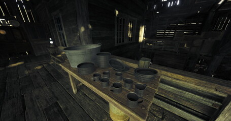 An assortment of traditional cookware is arranged on a wooden table inside a rustic cabin. Sunlight filters through gaps, illuminating pots and dishes in the cozy space.