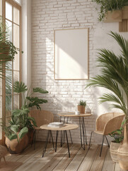 Poster mockup in minimalist boho living room interior
