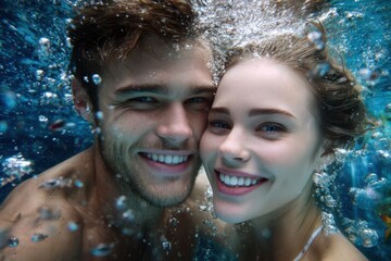 Couple enjoying underwater exploration in a clear pool during a sunny day