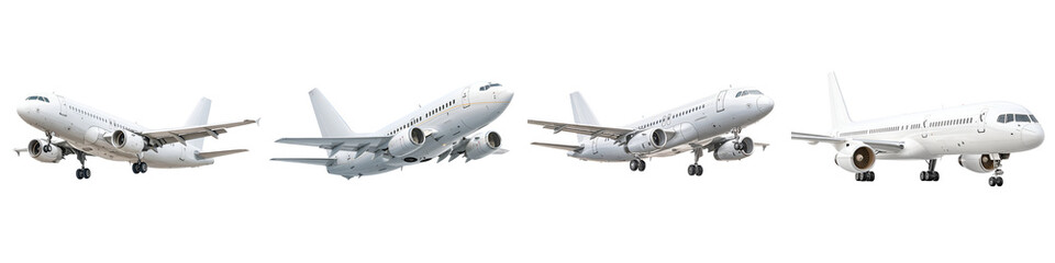 Obraz premium Commercial Airplanes: Four White Passenger Jets in Flight on White