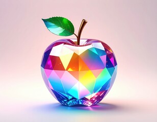 Colorful Crystal Apple with Leaf on Soft Gradient Background