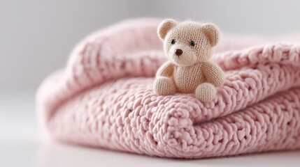 A cute, handmade teddy bear sits atop a soft pink knitted blanket, creating a cozy and inviting atmosphere.