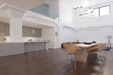 Modern open plan loft apartment interior. Spacious dining room and kitchen with contemporary furniture. Luxury real estate and home design concept