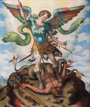 RAVELLO, ITALY - OCTOBER 7, 2025: The painting of St. Michael Archangel in the church Chiesa di San Francesco by Giovanni Angelo D Amato (1583)