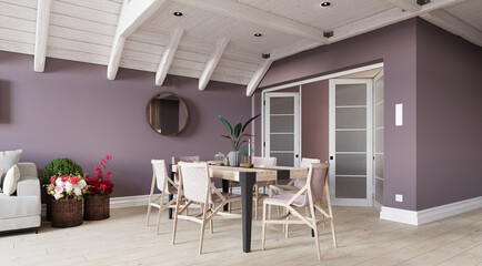 Modern dining room interior with mauve walls and a wooden table. Stylish home decor with a white vaulted beam ceiling. 3d rendering real estate concept