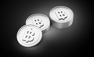 3d Stack Of Silver Thailand Baht Coins Shiny Rounded Coins Stack On dark Background 3d Illustration