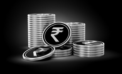 Stack Of Silver And Black Indian Rupee Coins Set On Shiny Silver Glow Background 3d Illustration