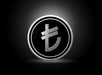 Fototapeta premium Silver And Black Rounded Turkish Lira Coin Isolated On Shiny Silver Glow Background 3d Illustration