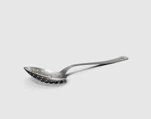 Clean studio shot of a stainless steel slotted spoon, ideal for kitchen and, 3d illustration
