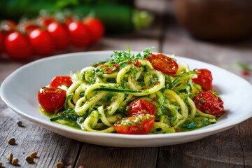 Freshly prepared zucchini noodle pasta with cherry tomatoes and herbs served on a white plate, healthy vegetarian meal, rustic wooden background