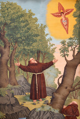 SALZBURG, AUSTRIA - SEPTEMBER 6, 2025: The ceiling fresco of Stigmatization of St. Francis of...