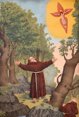 Schilderijen op glas Jezus Christus SALZBURG, AUSTRIA - SEPTEMBER 6, 2025: The ceiling fresco of Stigmatization of St. Francis of Assisi by Fra Arsenio (Donato) Mascagni (1579–1636) und Ignazio Solari.  © Renáta Sedmáková