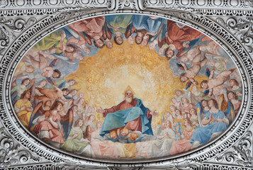 SALZBURG, AUSTRIA - SEPTEMBER 6, 2025: The ceiling fresco of God the Father among the Angels by Fra Arsenio (Donato) Mascagni (1579–1636) und Ignazio Solari.