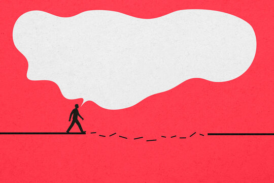 Man walking along a line with speech bubble in minimalist red illustration