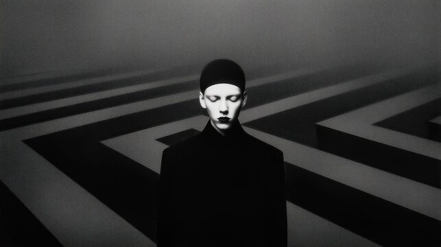 Surreal monochrome fine-art portrait of an androgynous figure in minimalist black attire standing within a vast geometric labyrinth shrouded in mist