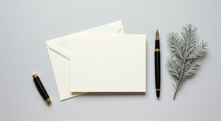 Elegant stationery flat lay with fountain pen and winter foliage, ideal for heartfelt greetings or professional correspondence, expressing care and attention