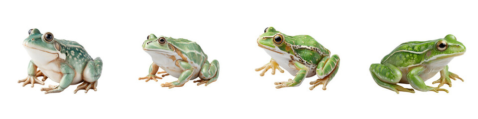 Fototapeta premium Green Tree Frogs: Four Poses on White Background