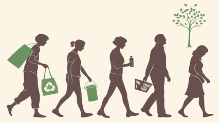 Obraz premium People Silhouettes Walking with Shopping Bags and Recycling Items Towards a Green Tree. Sustainable Consumer Choices, Eco-Friendly Lifestyle, Environmental Responsibility