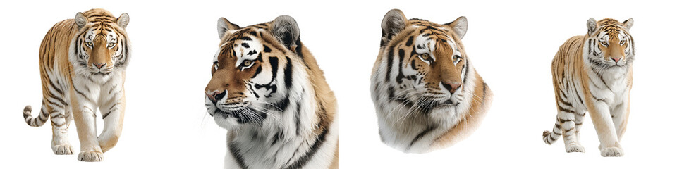 Fototapeta premium Majestic Tiger Portraits: Four Different Poses of Bengal Tigers on White