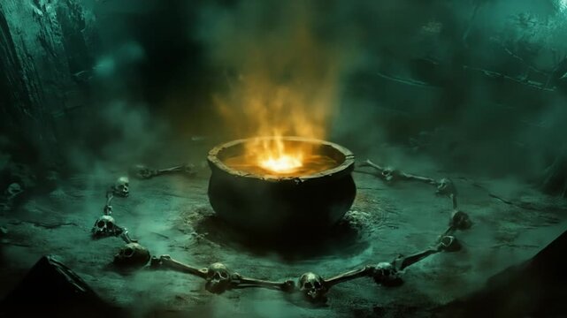 Mystical cauldron with glowing light and surrounding skull decor