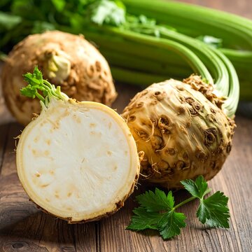 Close-up of celery root, one halved, with green stalks