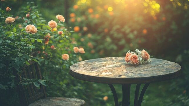 Tranquil Garden Scene with Blooming Roses and Wooden Table at Sunset.