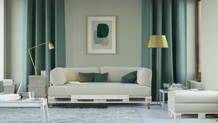 Modern living room with a DIY pallet sofa and green decor. Stylish home interior with gold lamps and abstract art. 3d rendering image