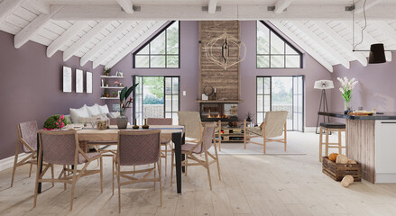 3d rendering interior of a modern rustic living room with a vaulted ceiling. Spacious open-plan home with a cozy fireplace and dining area. Contemporary farmhouse style home decor