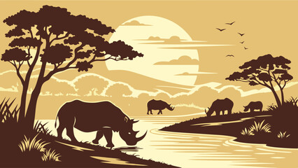 Serene African Savanna Sunset with Majestic Rhinos Drinking from River. Wildlife Conservation, Safari Tourism, Nature Travel.