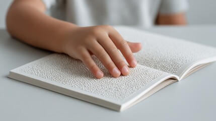 Child's Hand Gently Touches Textured Page of Braille Book on White Table, Symbolizing Reading Accessibility and Learning for Visually Impaired Individuals