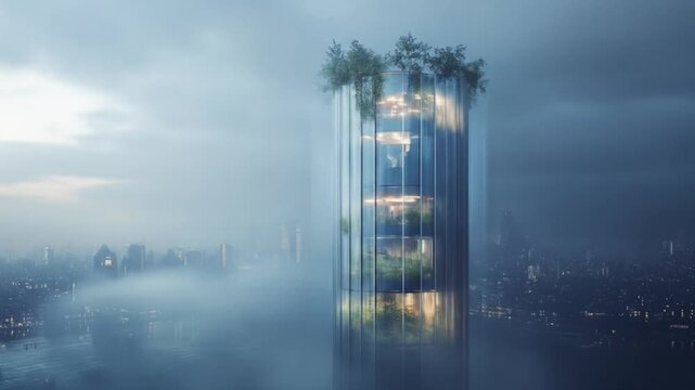 Modern skyscraper with green elements in a foggy cityscape at dusk
