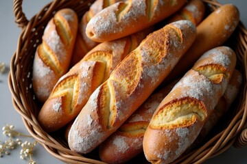 A stunning display of freshly baked bread loaves overflowing from a rustic wicker basket in an aerial shot with a diverse selection.