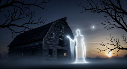 Eerie Ghostly Figure Haunting Abandoned Wooden Barn at Dusk