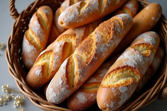 A stunning display of freshly baked bread loaves overflowing from a rustic wicker basket in an aerial shot with a diverse selection.