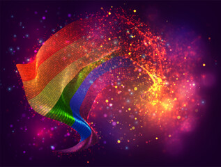Rainbow,vector 3d flag with a splash of paint dots, explosion of colored dots