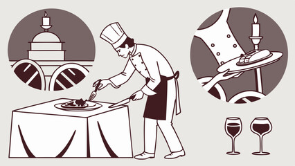 Monochromatic Illustration of Expert Chef Plating Gourmet Dish for Luxury Fine Dining Event with Elegant Service and Wine