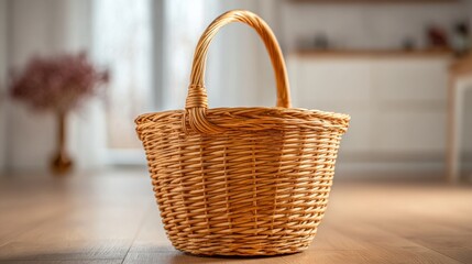 A beautifully woven wooden basket sits elegantly in a bright, airy room, showcasing its craftsmanship and natural tones.