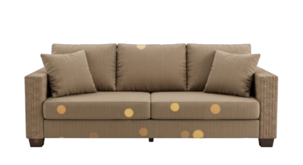 Beige sofa with three cushions against dark background
