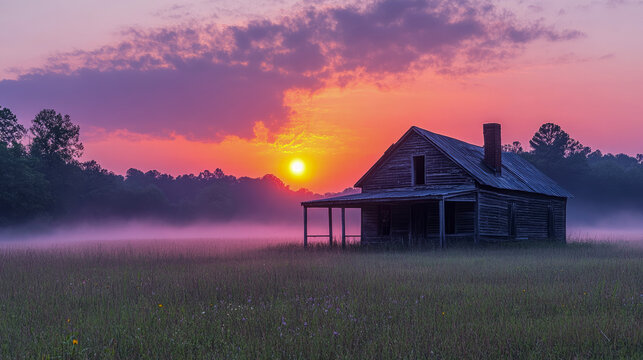 Abandoned Wooden House Stands in Misty Meadow Under Vibrant Pink and Orange Sunrise Sky