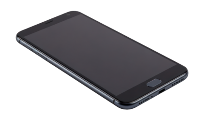 Angled view of a generic dark smartphone on a black background