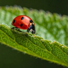 Obraz premium Close-up of a vibrant red and black insect on a bright green leaf
