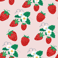 Charming Seamless Pattern of Red Strawberries and Delicate White Flowers with Green Leaves on a Soft Pink Background
